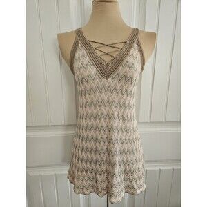 White House Black Market WHBM Caged Front Chevron Knit Tank Metallic Sz M